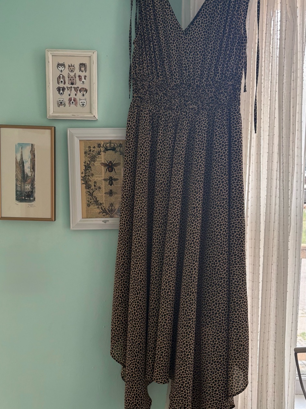Banana Republic leopard giraffe print handkerchief hem midi dress smoked waist